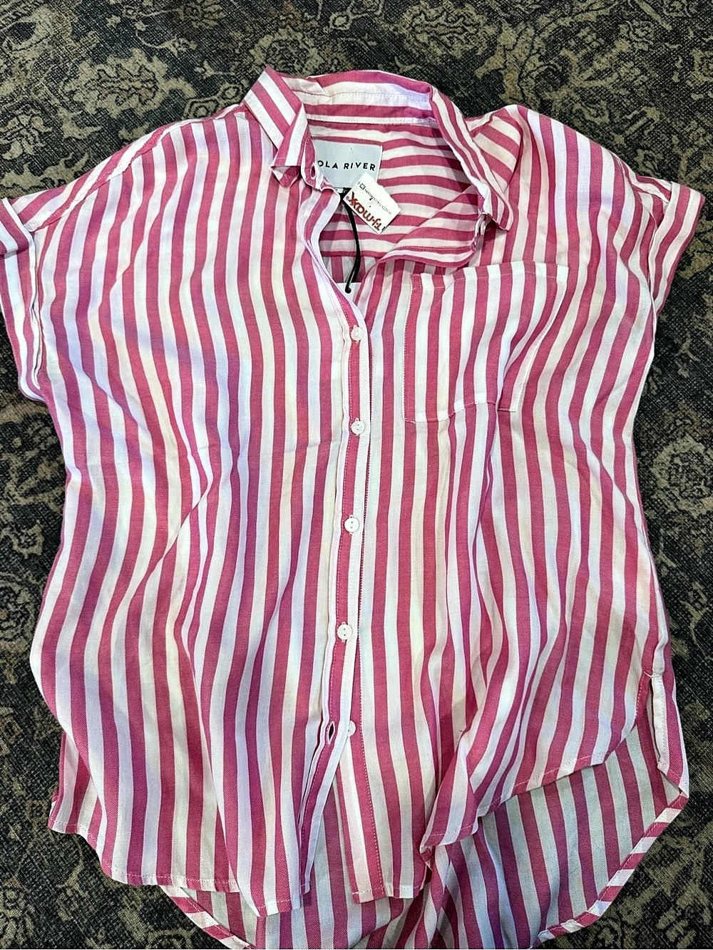 Lola River Striped Button Down Top in Pink & White Size Medium NWT